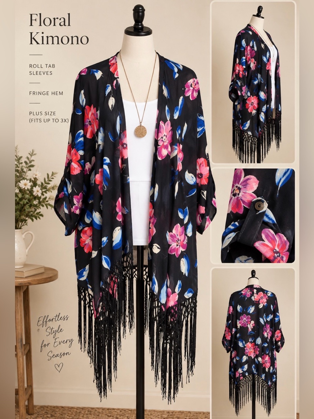 Fringed floral kimono - roll top sleeves- plus size (fits up to 3X)